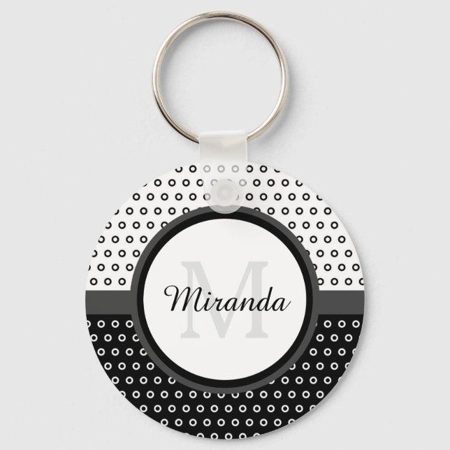 Mod Black and White Polka Dots Monogramm mit Name Schlüsselanhänger (Vorderseite)