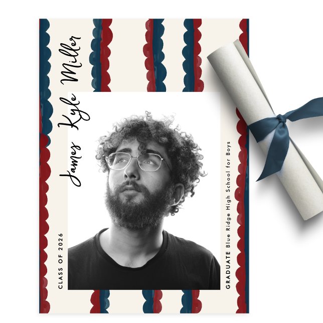 Mod Blue Deep Red Photo Class of 2026 Graduation Ankündigung (Von Creator hochgeladen)