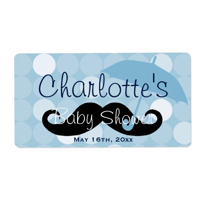Mod Blue Dot Mustache Baby Dusche Wasser Flasche (Vorne)