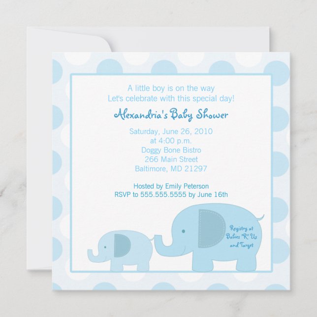 Mod Blue Elephants Square Baby Dusche Einladung (Vorderseite)
