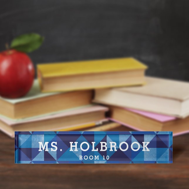 Mod Blue Geometric Muster Personalisiert Teacher's Namensplakette (Von Creator hochgeladen)