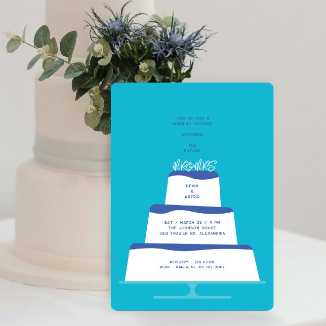 Mod Blue Iced Wedding Cake Couple Dusche Einladung (Von Creator hochgeladen)