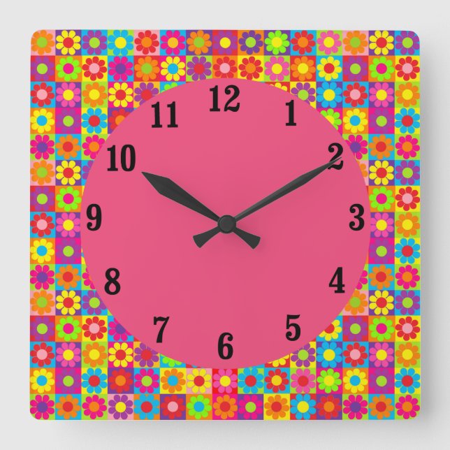 Mod Blume Power Quadratische Wanduhr (Vorderseite)