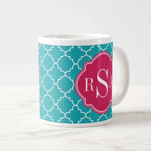 Mod Bright Blue Trellis Pink Monogram Jumbo-Tasse (Vorderseite Rechts)
