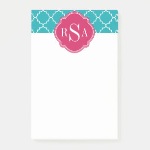 Mod Bright Blue Trellis Pink Monogram Post-it Klebezettel
