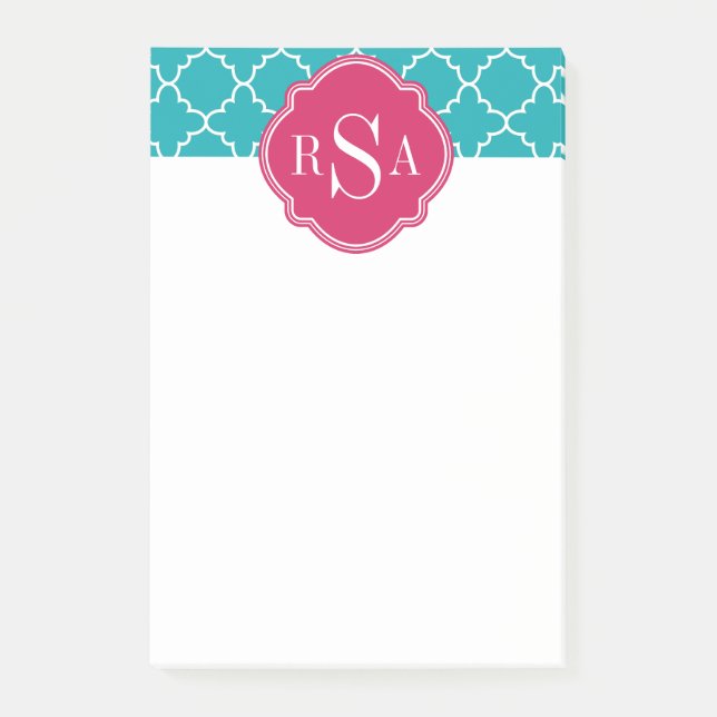 Mod Bright Blue Trellis Pink Monogram Post-it Klebezettel (Vorderseite)