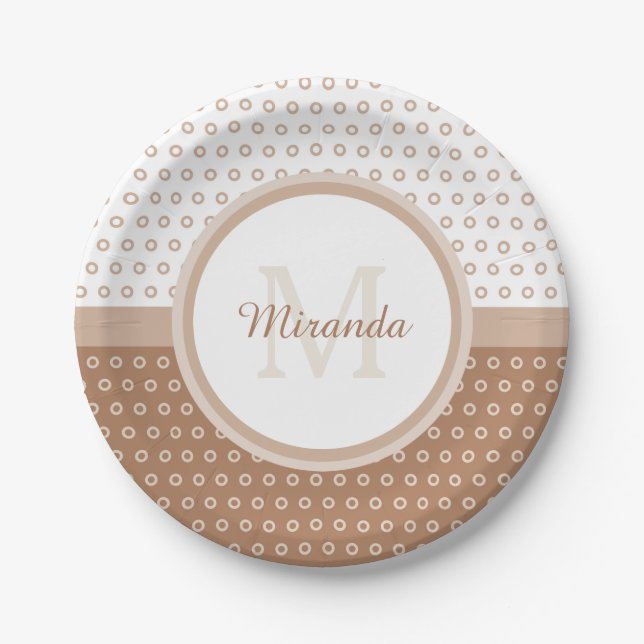 Mod Brown and White Polka Dots Monogram with name Pappteller (Vorderseite)
