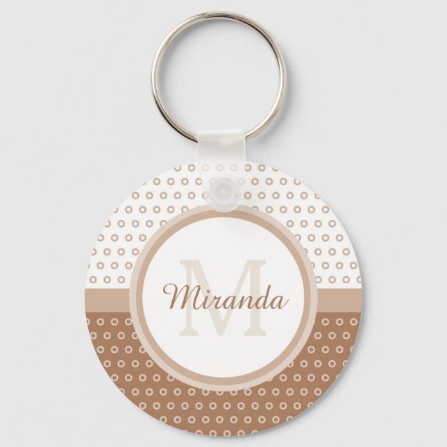 Mod Brown and White Polka Dots Monogram with name Schlüsselanhänger (Vorderseite)