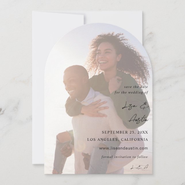 MOD Calligraphy w Duo Foto Save the Date Arc Einladung (Vorderseite)