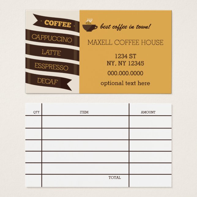 Mod Coffee House Business Card mit Rechnungsquittu (Vorne & Hinten)