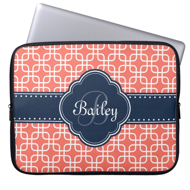 Mod Coral Pattern Navy Quarz Monogramm Laptopschutzhülle (Vorderseite)