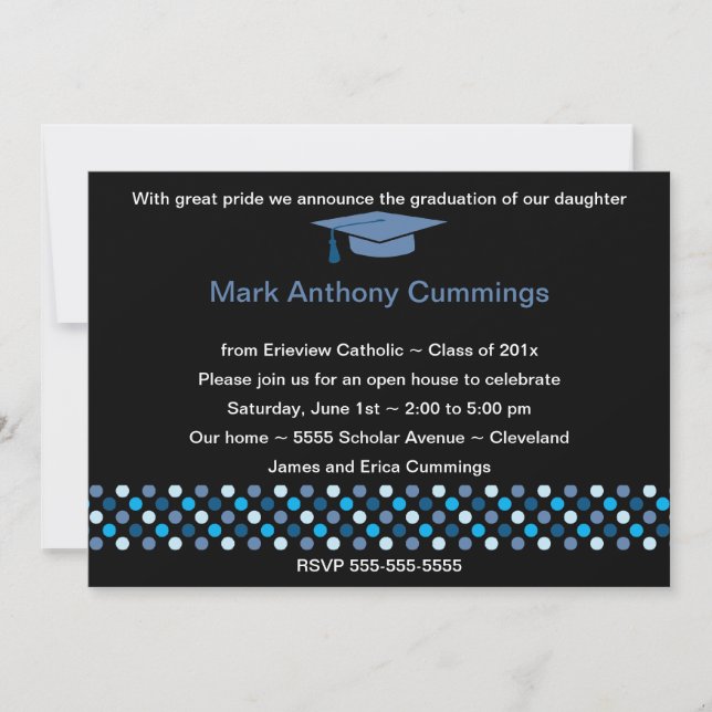 Mod Dots Graduation Cap Invitation (blau) Einladung (Vorderseite)