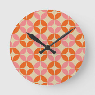 Mod Geometrisches Muster in Rosa und Orange Mitte Runde Wanduhr
