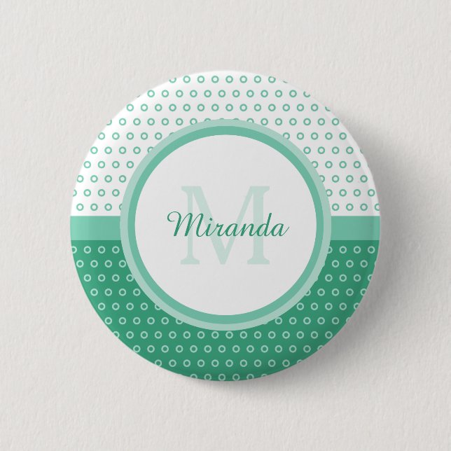 Mod Green und White Polka Dots Monogramm mit Name Button (Vorderseite)