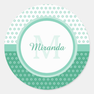Mod Green und White Polka Dots Monogramm mit Name Runder Aufkleber