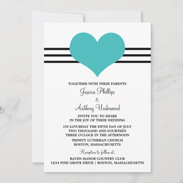 Mod Heart Wedding Invite, Aqua Einladung (Vorderseite)