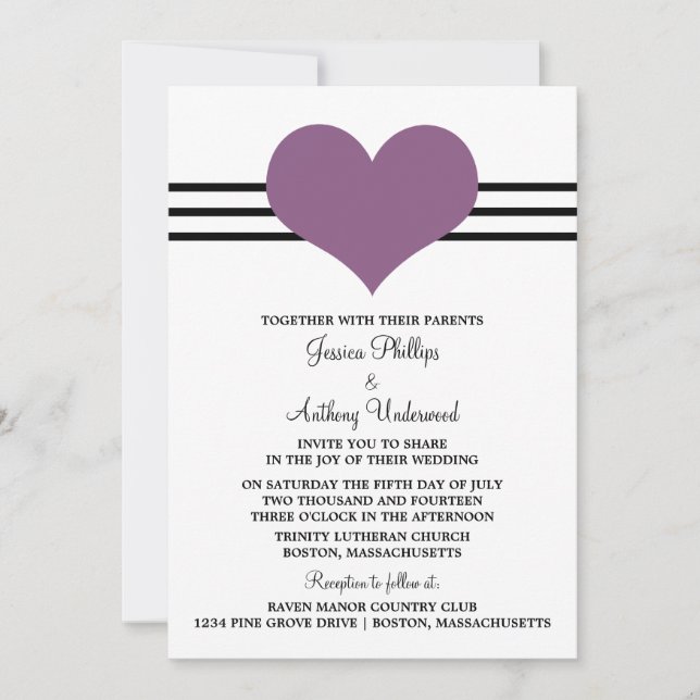 Mod Heart Wedding Invite, Lila Einladung (Vorderseite)