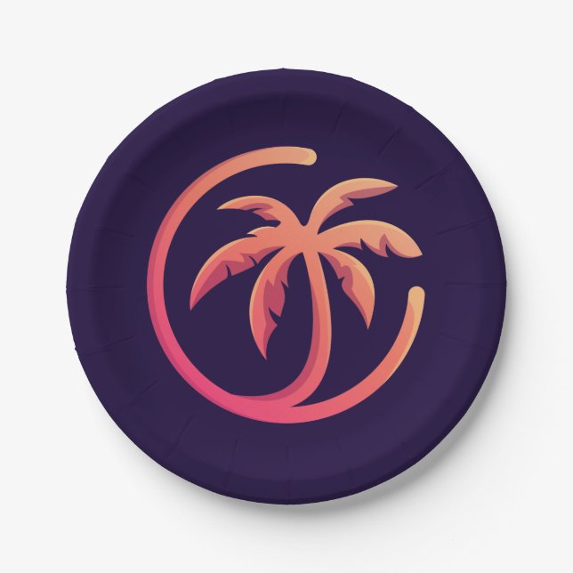 Mod Hot Pink Orange Palm Tree auf Lila Pappteller (Vorderseite)