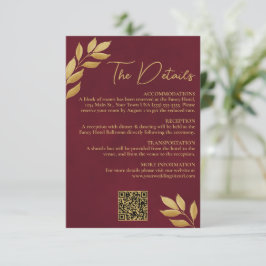 Mod Leaves Burgundy Gold Wedding Details QR Code Begleitkarte