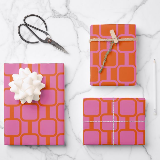 Mod Links Geometrische, helle, rosa und orange Mus Geschenkpapier Set (Vorderseite)