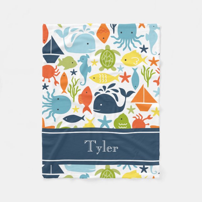 Mod Meereslebewesen, Meerestiere, Nautische Gewohn Fleecedecke (Vorderseite)