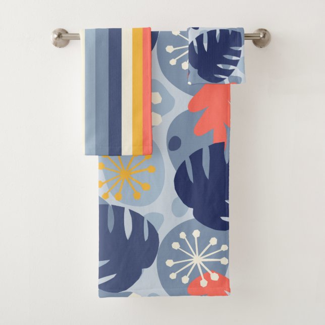 Mod Monstera Leaf Abstrakt Hawaiian Tropical - Blu Badhandtuch Set (Insitu)
