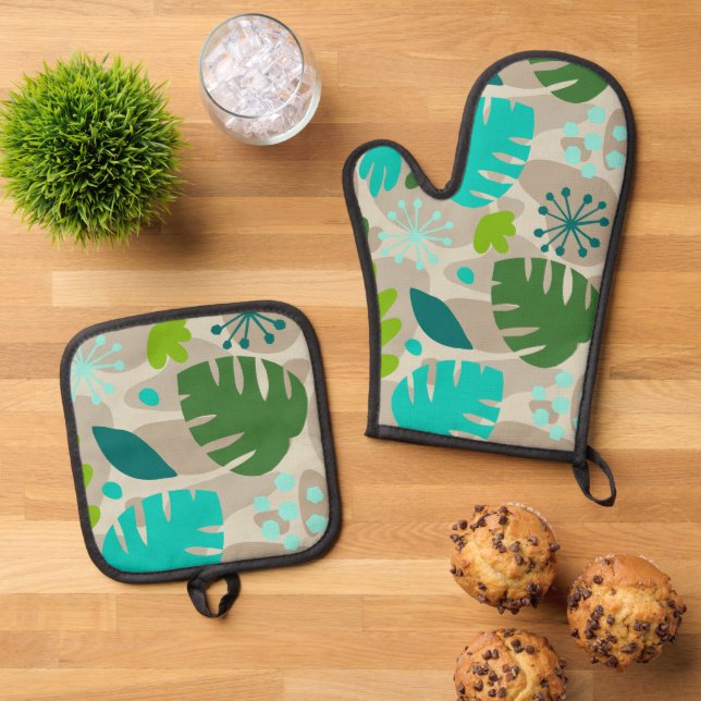 Mod Monstera Leaf Abstrakt Hawaiian Tropical - Coo Ofenhandschuh & Topflappen-Set (Oben Unten)