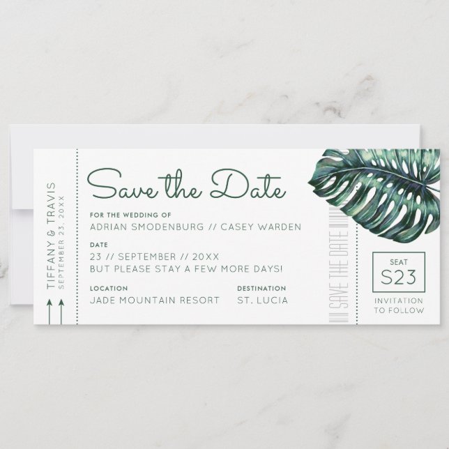 Mod Monstera Leaf Boarding Pass Save the Date Ankündigung (Vorderseite)