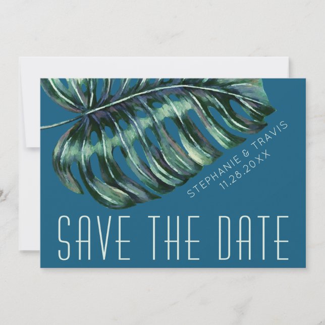 Mod Monstera Leaf Green und Moody Blue Wedding Save The Date (Vorderseite)