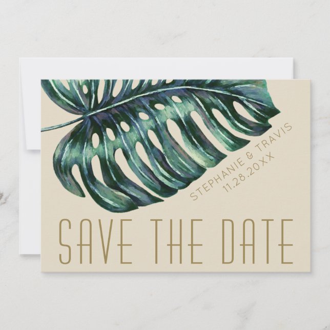 Mod Monstera Leaf Green und Tan Wedding Save The Date (Vorderseite)