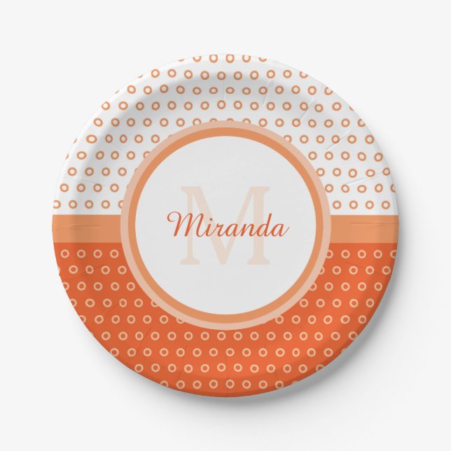 Mod-orange und weißes Polka-Punkt-Monogramm mit Pappteller (Vorderseite)