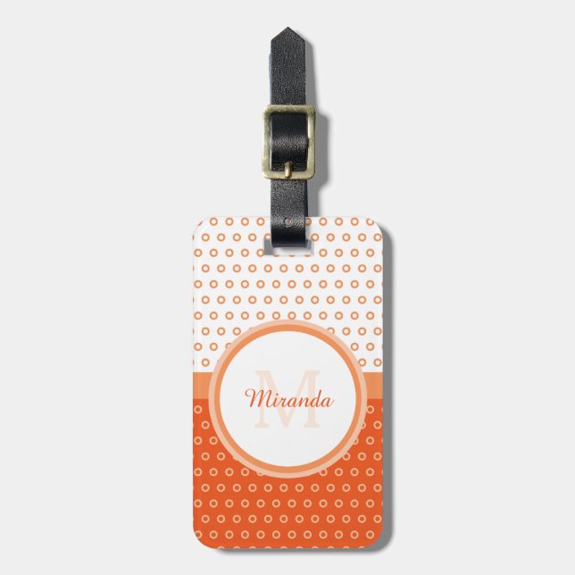 Mod Orange und White Polka Dots Monogramm mit Name Gepäckanhänger (Vorderseite vertikal)