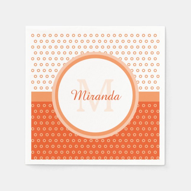 Mod Orange und White Polka Dots Monogramm mit Name Serviette (Vorderseite)