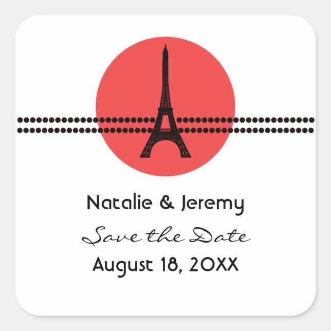 Mod Pariser Dots Save the Date Sticker, Rot Quadratischer Aufkleber (Vorderseite)