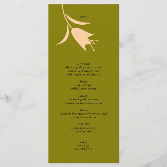 MOD PEACH & OLIVE TULIP WEDD MENÜKARTE (Vorderseite)