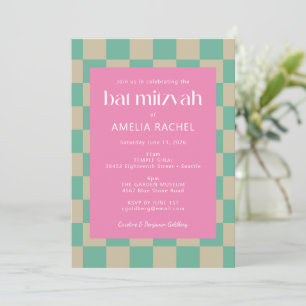 Mod Pink Mintgrün Karo Bat Mitzvah Antwort Einladung