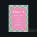 Mod Pink Minze Green Checkerboard Bat Mitzvah UAWG Einladung<br><div class="desc">Mod Pink Mint Green Checkerboard Bat Mitzvah Einladung mit UAWG Details</div>