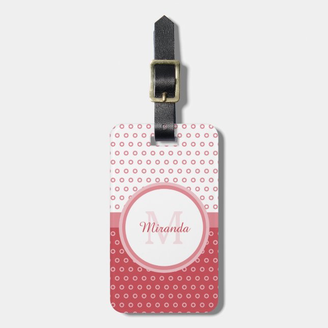 Mod Pink und Weiß Polka Dots Monogramm mit Name Gepäckanhänger (Vorderseite vertikal)