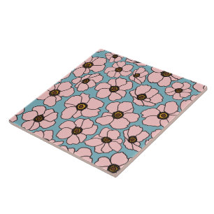 Mod Pinke Blumen auf Blau Fliese