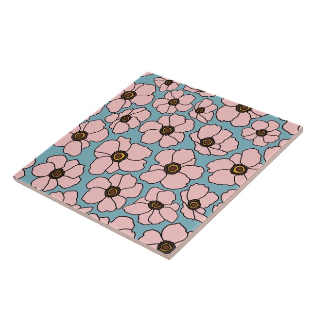 Mod Pinke Blumen auf Blau  Fliese (Seite)