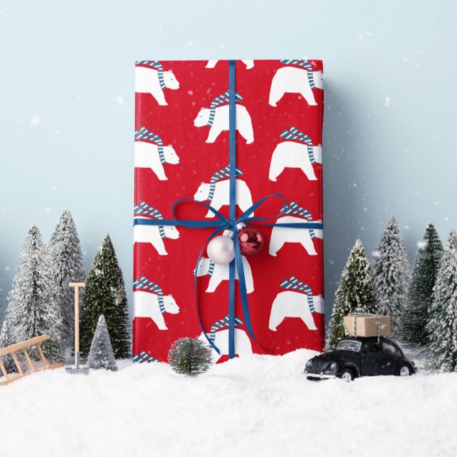 Mod Polar Bears - Rot - Weihnachtswrapping Paper Geschenkpapier (Up your gifting game this year with this "Modern Polar Bear" gift wrap! By Clearlytangled Studio.)