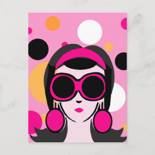 Mod Retro Girl Hot Pink Große Sonnenbrille Postkarte