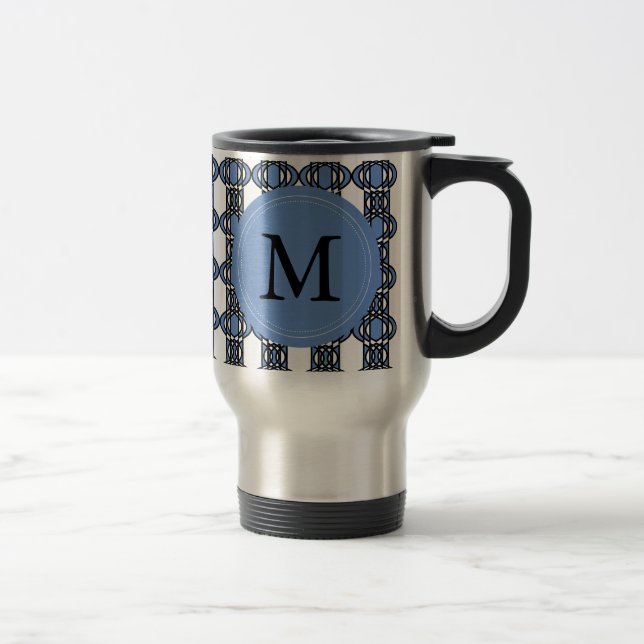 Mod Retro Monogram Blue Abstrakt Scarab Muster Reisebecher (Rechts)