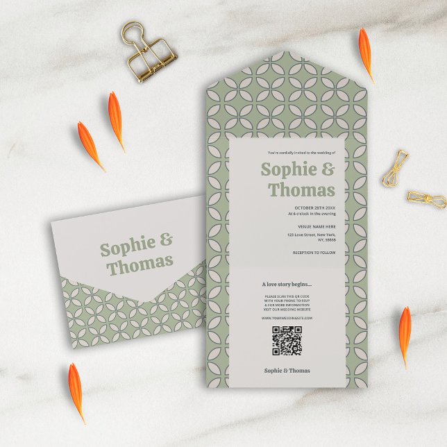 Mod Retro Wedding Olive Green All In One Einladung (Von Creator hochgeladen)