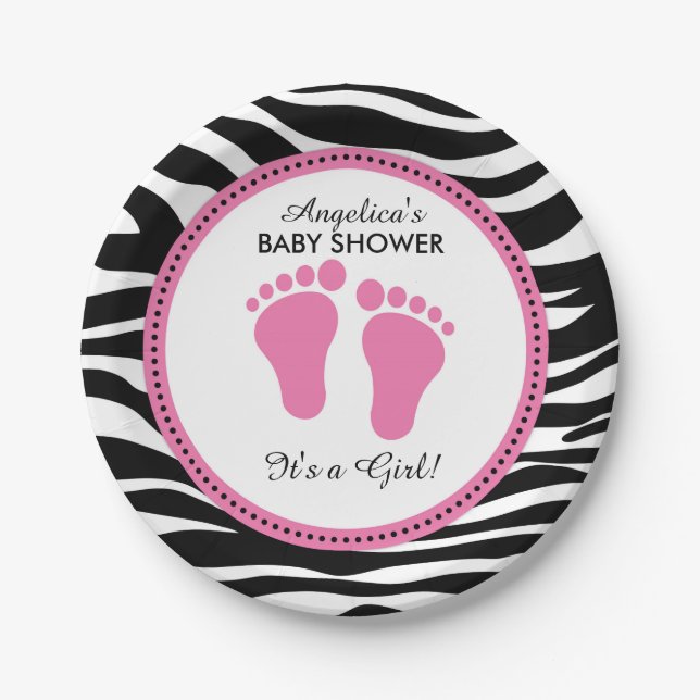 Mod-Rosa und Zebra-PapierParty-Teller, Baby-Dusche Pappteller (Vorderseite)