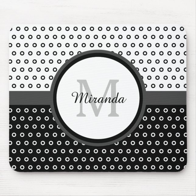 Mod-Schwarzweiss-Polka-Punkt-Monogramm mit Namen Mousepad (Vorne)