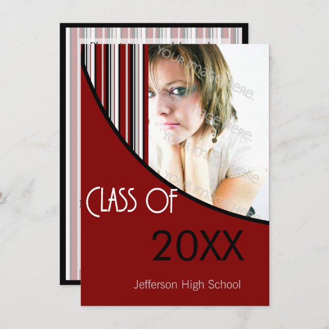 Mod Stripes Graduation Party Einladung Red Black (Vorne/Hinten)