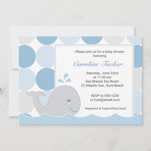 Mod Whale Baby Shower Einladung - Blau & Grau (Vorderseite)