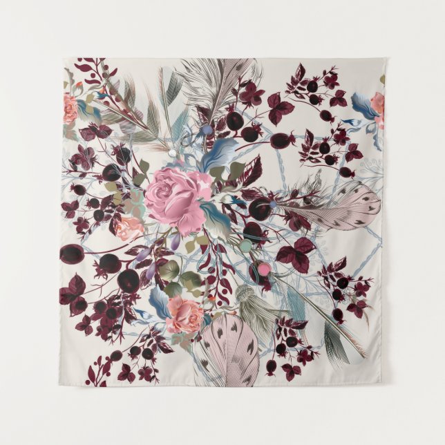 Mode-boho-Illustration mit Rose-Blume und p Wandteppich (Vorderseite)