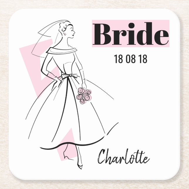 Mode Bride Pink Bride Date Name Untersetzer (Vorderseite)